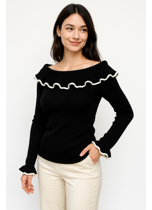 Πλεκτή Μπλούζα Off-Shoulder με βολάν μαύρο