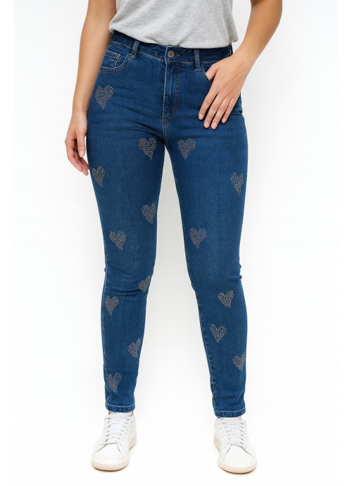 Τζιν Skinny με καρδιές από στρας ψηλόμεσο