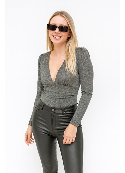 Ασημί λαμπερό κορμάκι με βαθύ V ντεκολτέ