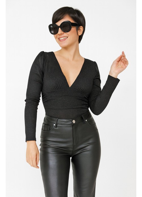 Μαύρο Glitter Κορμάκι με Βαθύ Ντεκολτέ