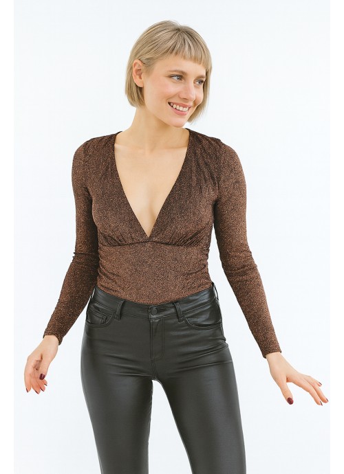 Χάλκινο Glitter Κορμάκι με Βαθύ Ντεκολτέ