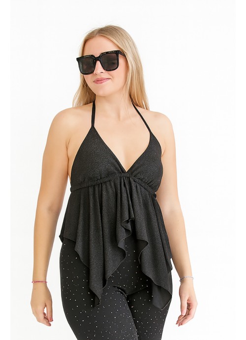 Τοπ Halter μαύρο με λάμψη και ανοιχτή πλάτη