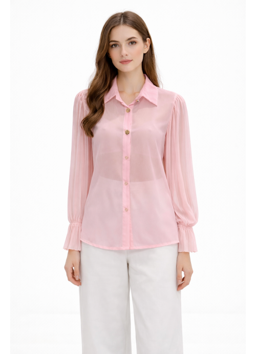 Ροζ πουκάμισο μουσελίνα με πλισέ μανίκια