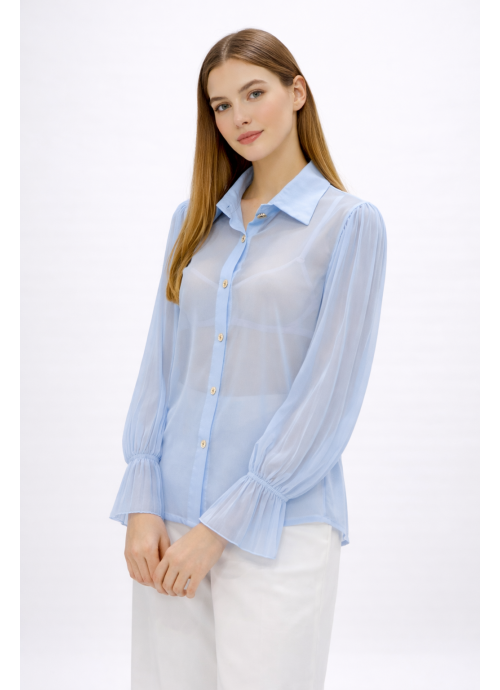 Γαλάζιο πουκάμισο μουσελίνα με πλισέ μανίκια