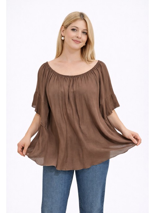 Καφέ Αέρινη Μπλούζα με βολάν μανίκια Loose γραμμή