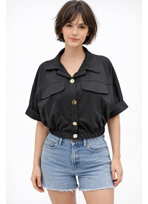 Μαύρο Cropped Jacket με χρυσά κουμπιά & τσέπες
