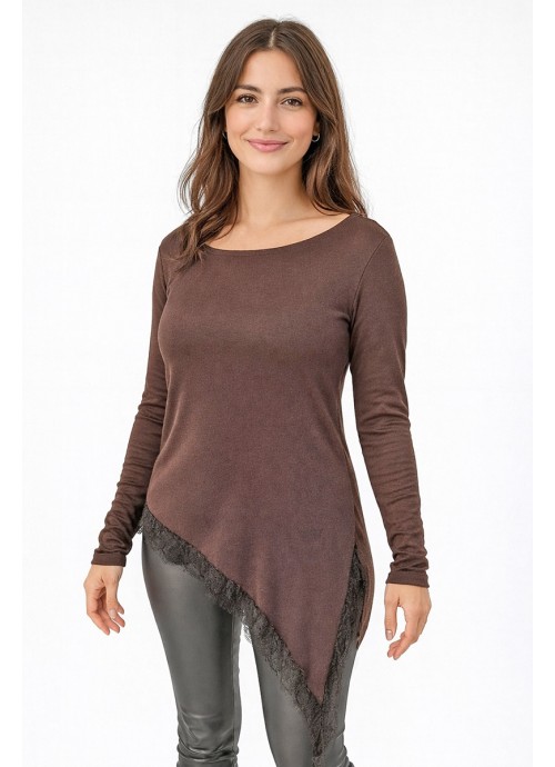 Καφέ ασύμμετρο Top με δαντελένια λεπτομέρεια