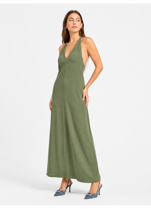 Μάξι φόρεμα olive green με ανοιχτή πλάτη