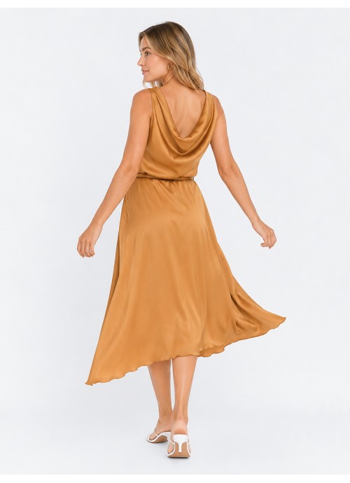 Midi Satin φόρεμα κρουαζέ με ζώνη σε Champagne απόχρωση