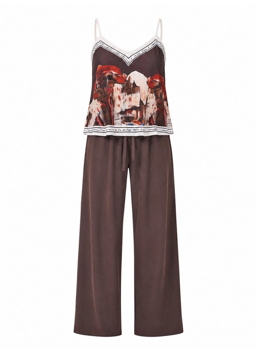Σετ σοκολά με printed camisole top & loose παντελόνα