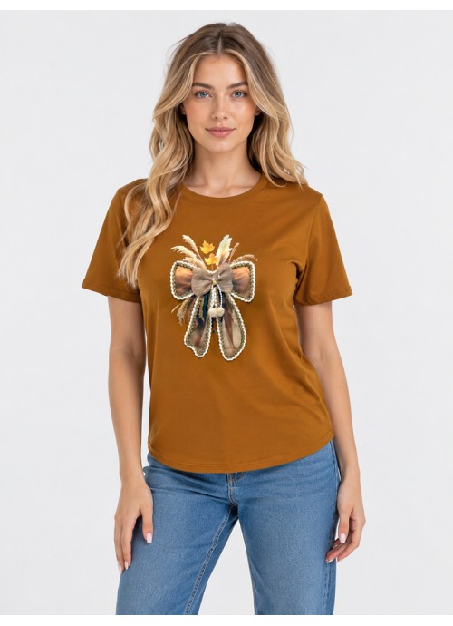 Καφέ T-shirt με Decorative Φιόγκο