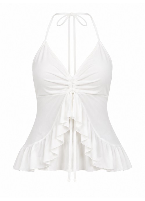 Halter Top λευκό με σούρα & Βολάν