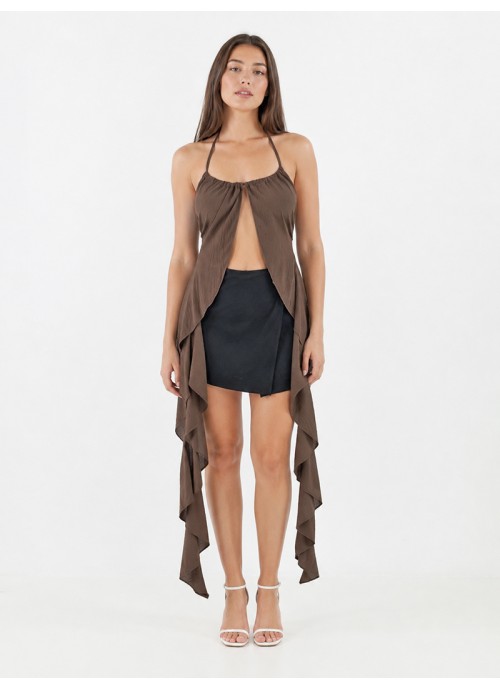 Halter Top καφέ με ασύμμετρο Τελείωμα & δέσιμο στην πλάτη