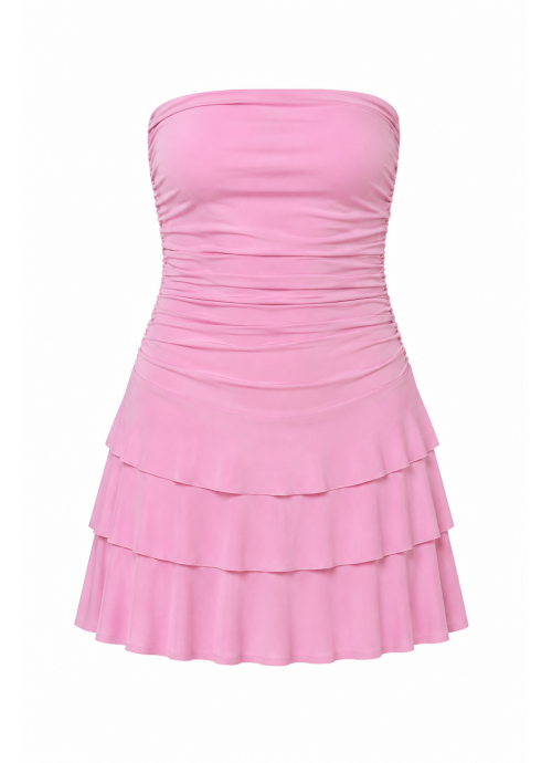 Mini Strapless φόρεμα ροζ με σούρες και εσωτερικό σορτς