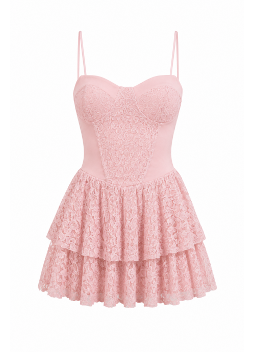 Mini Lace ροζ φόρμεα με ενσωματωμένο σορτς & Layered βολάν