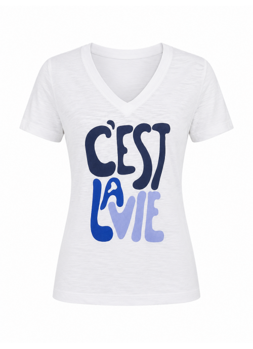 T-Shirt λευκό V-Neck με Print