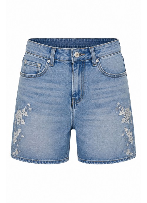 Denim Βερμούδα με Κεντημένες Φλοράλ Λεπτομέρειες και Ψηλόμεση Γραμμή