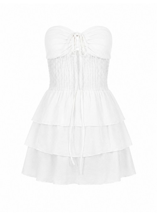 Λευκό Strapless Mini λευκό φόρεμα με σφηκοφωλιά στη μέση