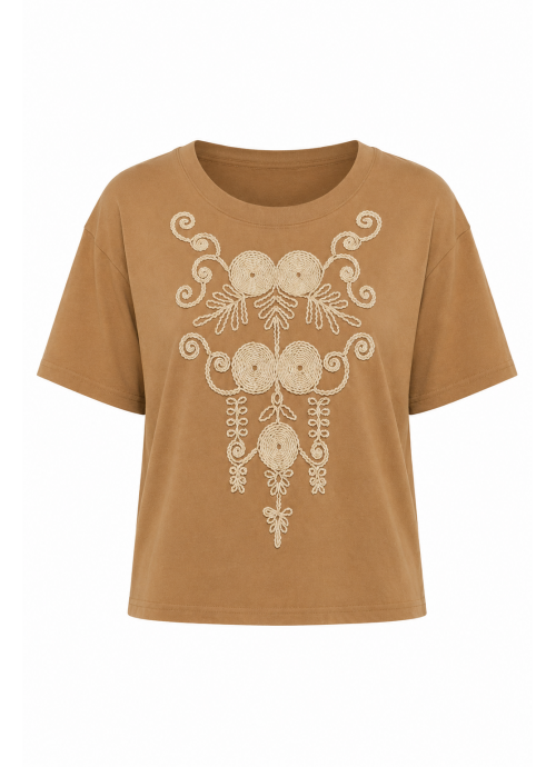 T-Shirt κάμελ ανάγλυφο Κέντημα και χαλαρή γραμμή