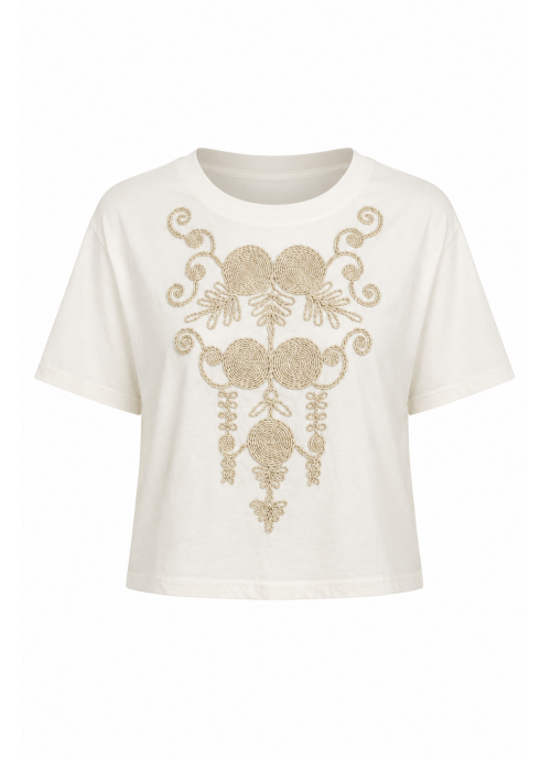Off White Crop T-Shirt με ανάγλυφο κέντημα