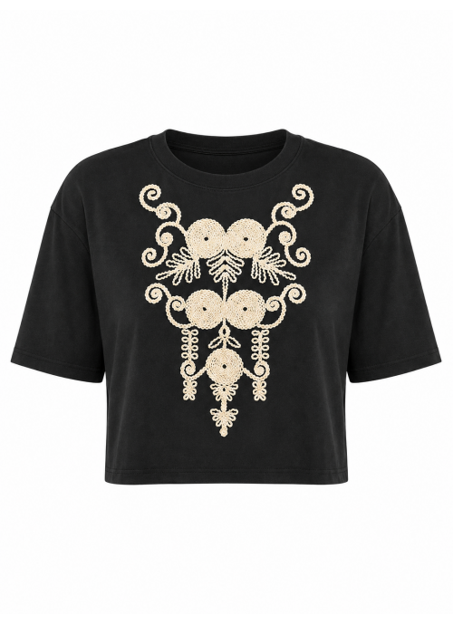 Μαύρο Crop T-Shirt με ανάγλυφο εκρού κέντημα