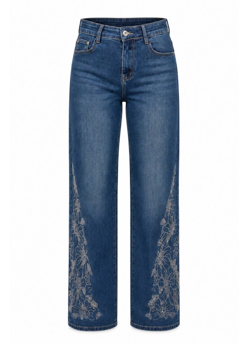 Wide Leg Τζιν παντελόνι με Floral Strass διακόσμηση