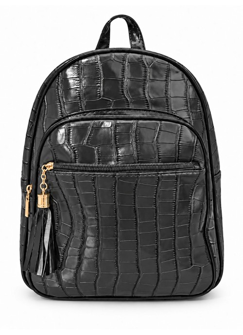Μαύρο Backpack Croco λουστρίνι με πολλαπλές θήκες & διακοσμητικό Tassel