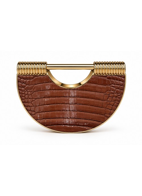 Καφέ Clutch Croco με χρυσό μεταλλικό πλαίσιο & αλυσίδα ώμου