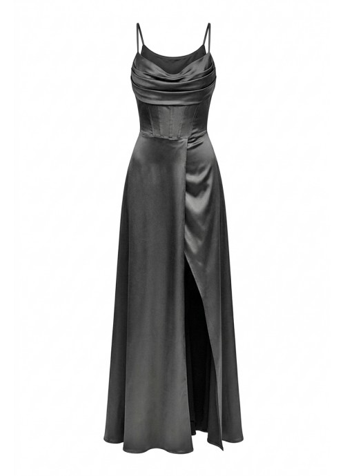 Μαύρο σατέν Maxi φόρεμα με Corset μπούστο, ντραπέ λαιμόκοψη & χιαστί δέσιμο πλάτης