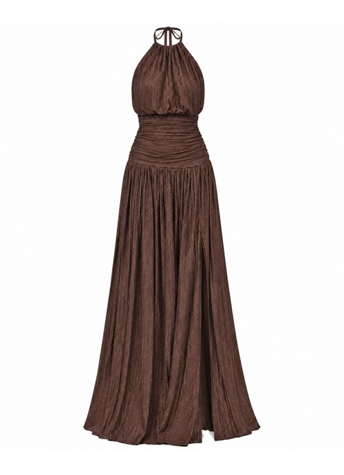 Καφέ Maxi φόρεμα Halter από Lurex ύφασμα με ανοιχτή πλάτη, σούρες & πλαϊνό σκίσιμο