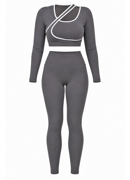 Γκρι ελαστικό σετ με ασύμμετρο Crop Top & ψηλόμεσο κολάν
