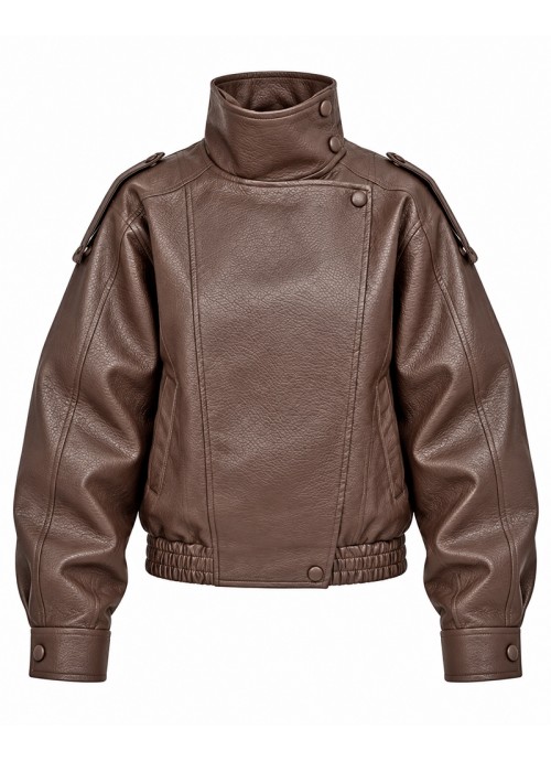 Καφέ Jacket δερματίνης με φόδρα , ψηλό γιακά, ασύμμετρο κλείσιμο και φαρδιά μανίκια